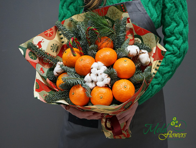 Новогодний букет с мандаринами и ёлкой №2 Фото
